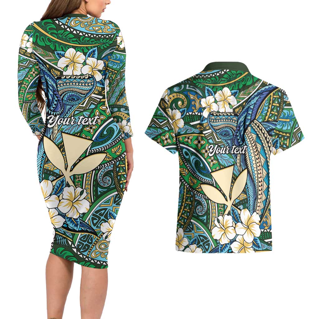 Personalised Hawaii Tribal Humpback Whale Couples Matching Long Sleeve Bodycon Dress and Hawaiian Shirt Omaomao Hibiscus Seamless Pattern