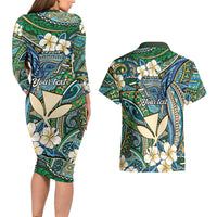 Personalised Hawaii Tribal Humpback Whale Couples Matching Long Sleeve Bodycon Dress and Hawaiian Shirt Omaomao Hibiscus Seamless Pattern