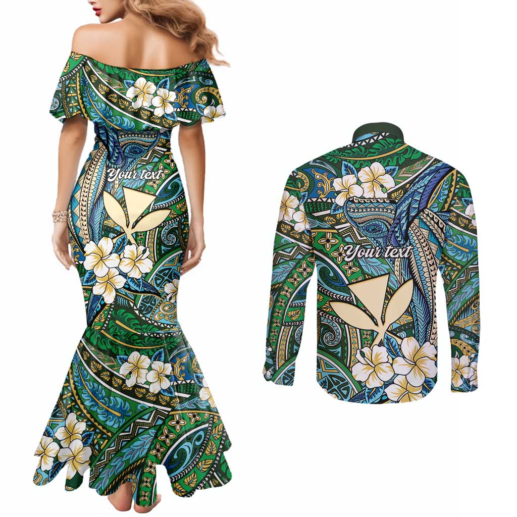 Personalised Hawaii Tribal Humpback Whale Couples Matching Mermaid Dress and Long Sleeve Button Shirt Omaomao Hibiscus Seamless Pattern