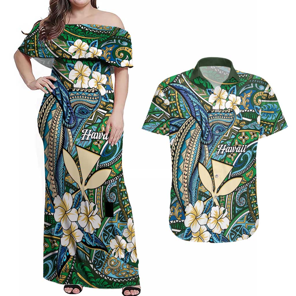 Personalised Hawaii Tribal Humpback Whale Couples Matching Off Shoulder Maxi Dress and Hawaiian Shirt Omaomao Hibiscus Seamless Pattern