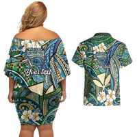 Personalised Hawaii Tribal Humpback Whale Couples Matching Off Shoulder Short Dress and Hawaiian Shirt Omaomao Hibiscus Seamless Pattern