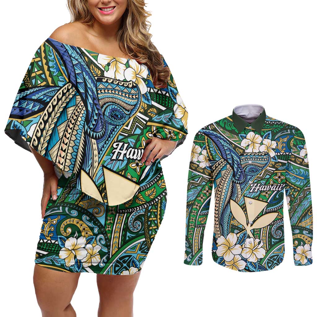 Personalised Hawaii Tribal Humpback Whale Couples Matching Off Shoulder Short Dress and Long Sleeve Button Shirt Omaomao Hibiscus Seamless Pattern