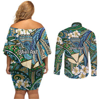 Personalised Hawaii Tribal Humpback Whale Couples Matching Off Shoulder Short Dress and Long Sleeve Button Shirt Omaomao Hibiscus Seamless Pattern
