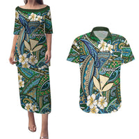 Personalised Hawaii Tribal Humpback Whale Couples Matching Puletasi and Hawaiian Shirt Omaomao Hibiscus Seamless Pattern