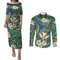 Personalised Hawaii Tribal Humpback Whale Couples Matching Puletasi and Long Sleeve Button Shirt Omaomao Hibiscus Seamless Pattern