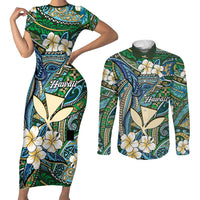 Personalised Hawaii Tribal Humpback Whale Couples Matching Short Sleeve Bodycon Dress and Long Sleeve Button Shirt Omaomao Hibiscus Seamless Pattern