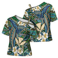 Personalised Hawaii Tribal Humpback Whale Cross Shoulder Shirt Omaomao Hibiscus Seamless Pattern