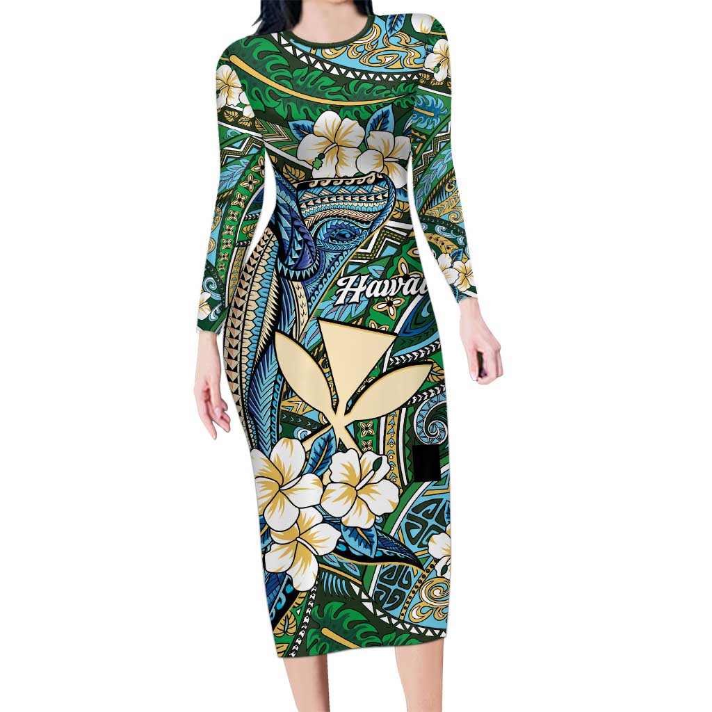 Personalised Hawaii Tribal Humpback Whale Family Matching Long Sleeve Bodycon Dress and Hawaiian Shirt Omaomao Hibiscus Seamless Pattern LT9 Mom's Dress Green - Polynesian Pride