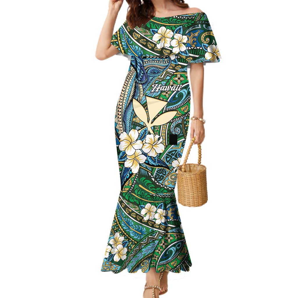 Personalised Hawaii Tribal Humpback Whale Family Matching Mermaid Dress and Hawaiian Shirt Omaomao Hibiscus Seamless Pattern LT9 Mom's Dress Green - Polynesian Pride