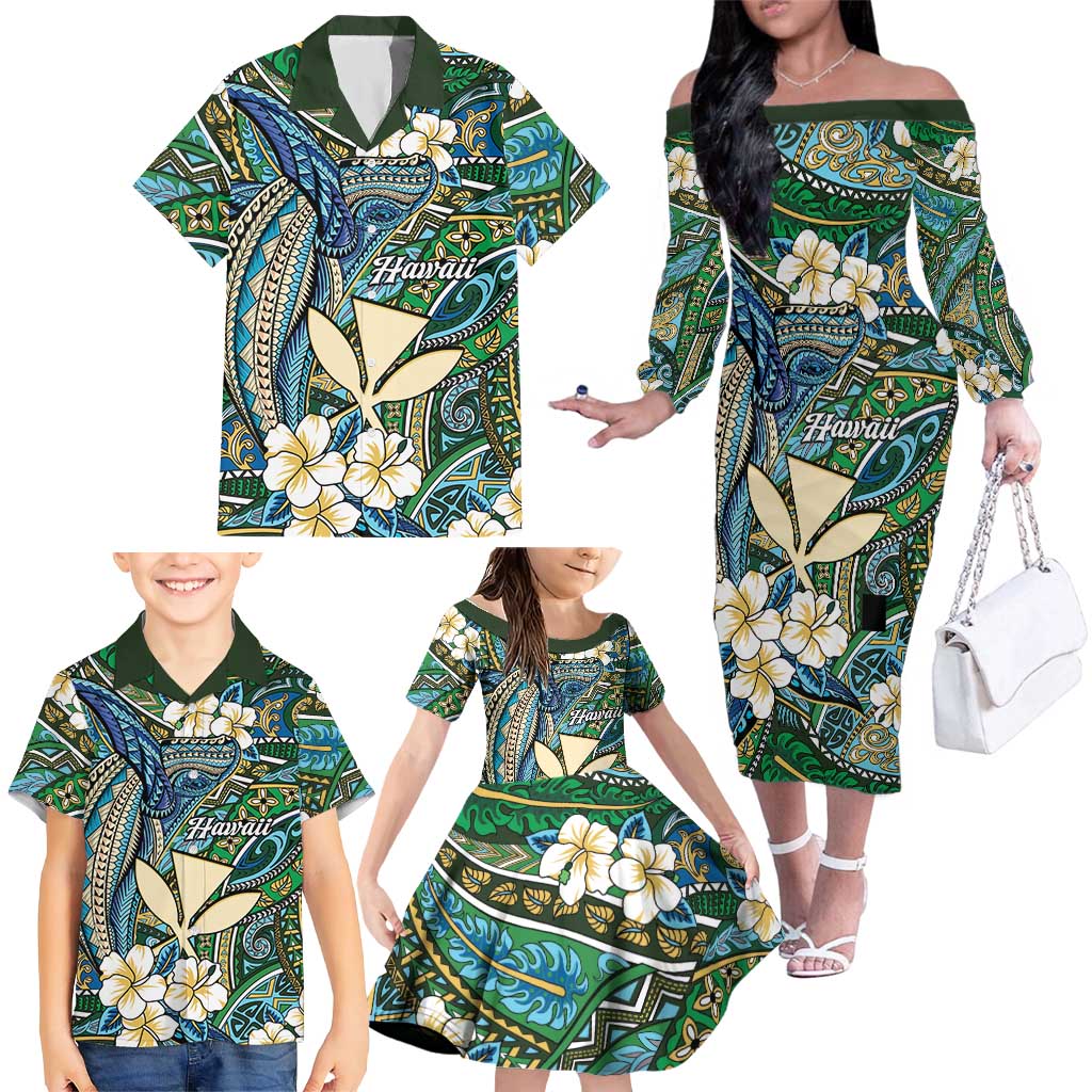 Personalised Hawaii Tribal Humpback Whale Family Matching Off The Shoulder Long Sleeve Dress and Hawaiian Shirt Omaomao Hibiscus Seamless Pattern LT9 - Polynesian Pride