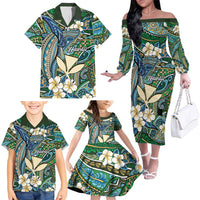 Personalised Hawaii Tribal Humpback Whale Family Matching Off The Shoulder Long Sleeve Dress and Hawaiian Shirt Omaomao Hibiscus Seamless Pattern LT9 - Polynesian Pride