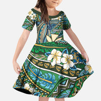 Personalised Hawaii Tribal Humpback Whale Family Matching Off Shoulder Maxi Dress and Hawaiian Shirt Omaomao Hibiscus Seamless Pattern LT9 Daughter's Dress Green - Polynesian Pride