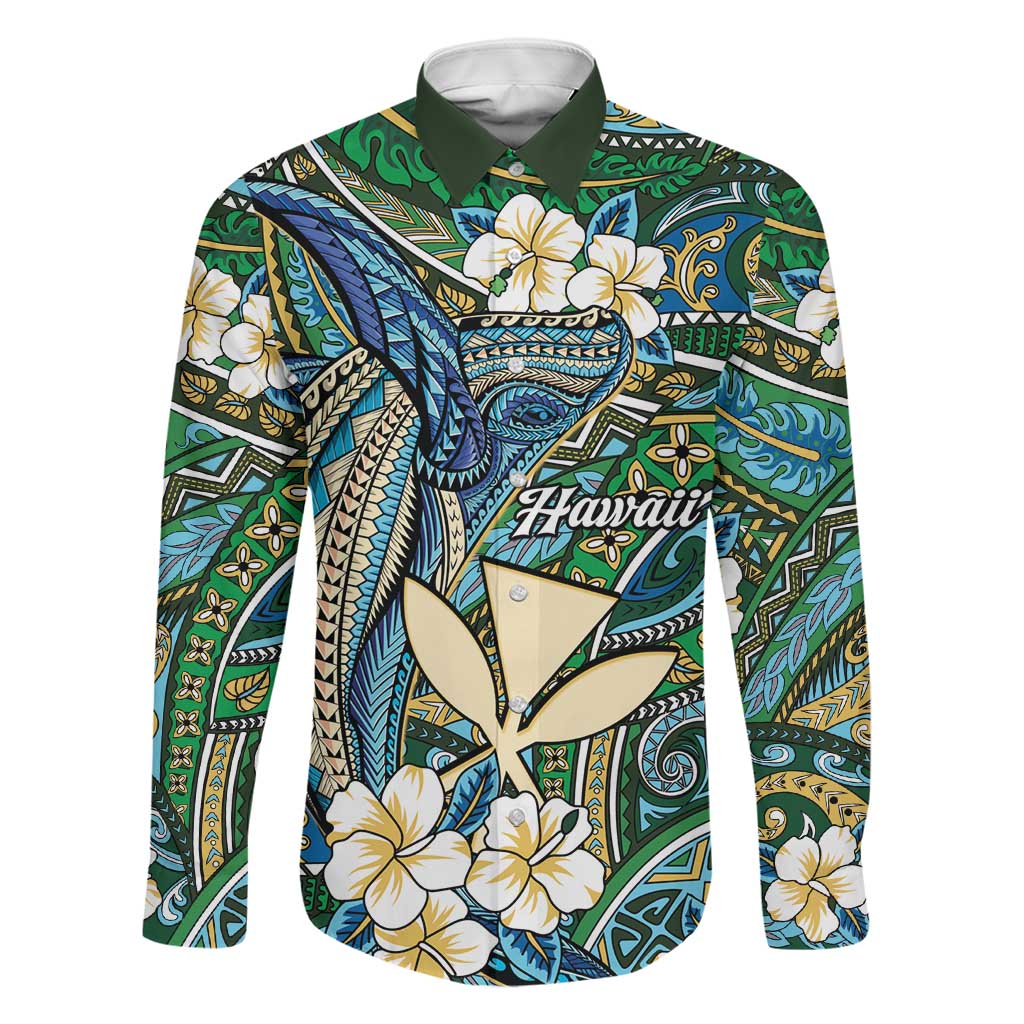 Personalised Hawaii Tribal Humpback Whale Family Matching Off Shoulder Maxi Dress and Hawaiian Shirt Omaomao Hibiscus Seamless Pattern LT9 Dad's Shirt - Long Sleeve Green - Polynesian Pride