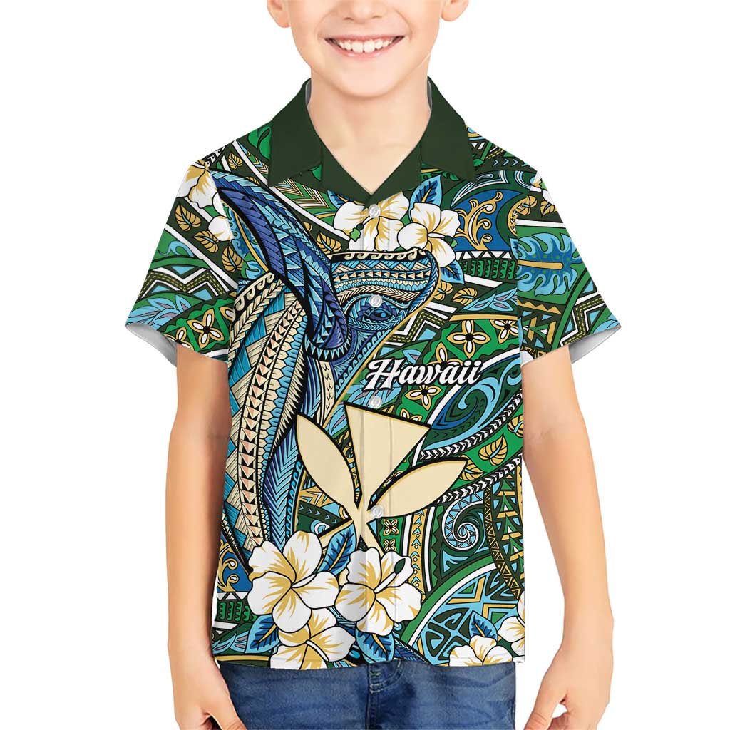 Personalised Hawaii Tribal Humpback Whale Family Matching Off Shoulder Maxi Dress and Hawaiian Shirt Omaomao Hibiscus Seamless Pattern LT9 Son's Shirt Green - Polynesian Pride