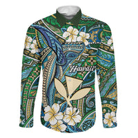Personalised Hawaii Tribal Humpback Whale Family Matching Off Shoulder Short Dress and Hawaiian Shirt Omaomao Hibiscus Seamless Pattern LT9 Dad's Shirt - Long Sleeve Green - Polynesian Pride