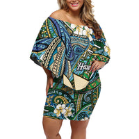 Personalised Hawaii Tribal Humpback Whale Family Matching Off Shoulder Short Dress and Hawaiian Shirt Omaomao Hibiscus Seamless Pattern LT9 Mom's Dress Green - Polynesian Pride