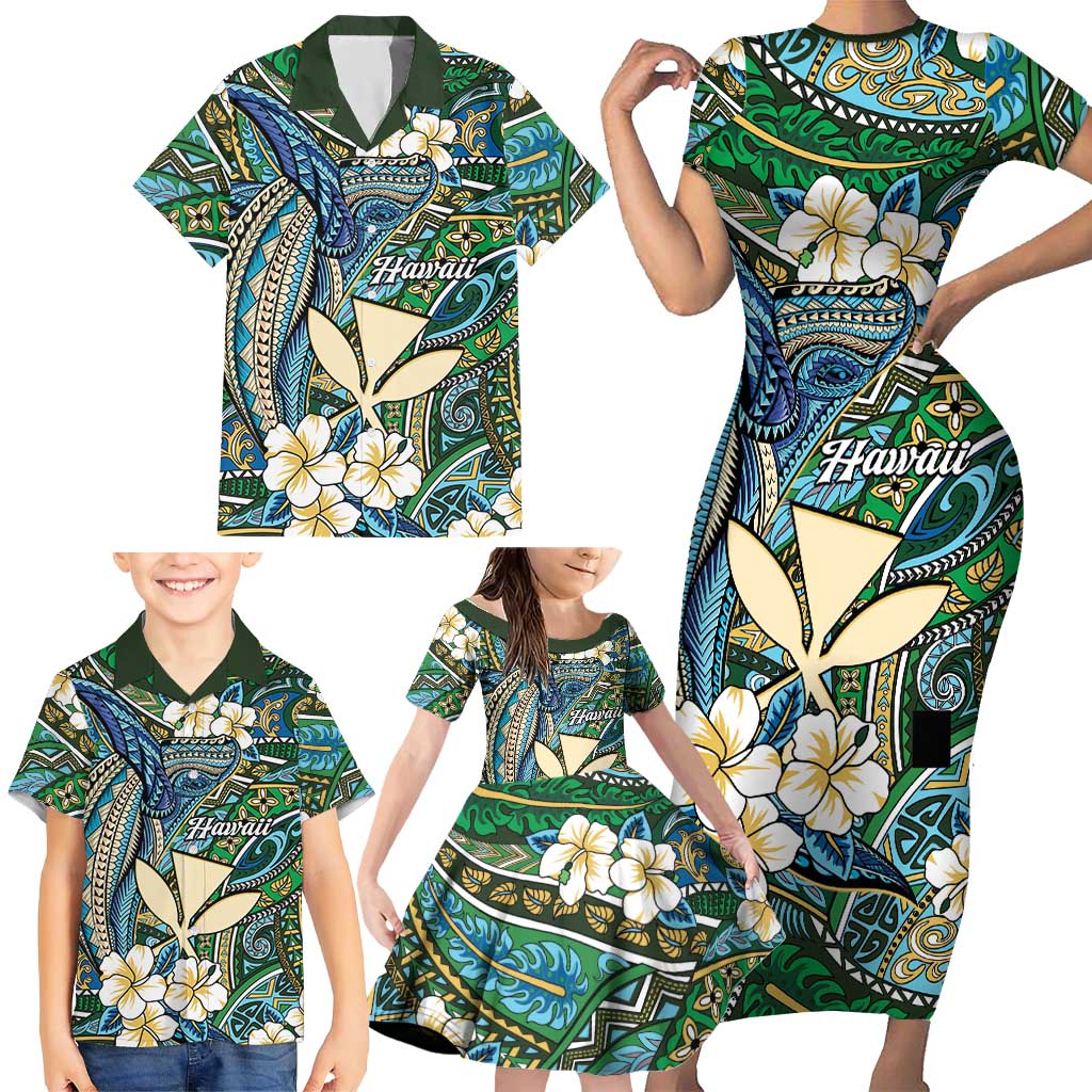 Personalised Hawaii Tribal Humpback Whale Family Matching Short Sleeve Bodycon Dress and Hawaiian Shirt Omaomao Hibiscus Seamless Pattern LT9 - Polynesian Pride