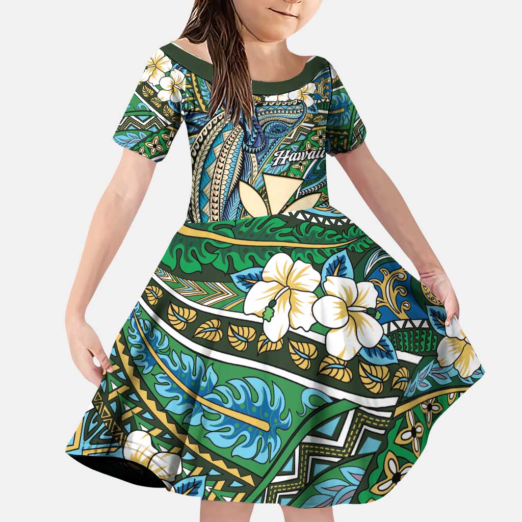 Personalised Hawaii Tribal Humpback Whale Family Matching Summer Maxi Dress and Hawaiian Shirt Omaomao Hibiscus Seamless Pattern LT9 Daughter's Dress Green - Polynesian Pride