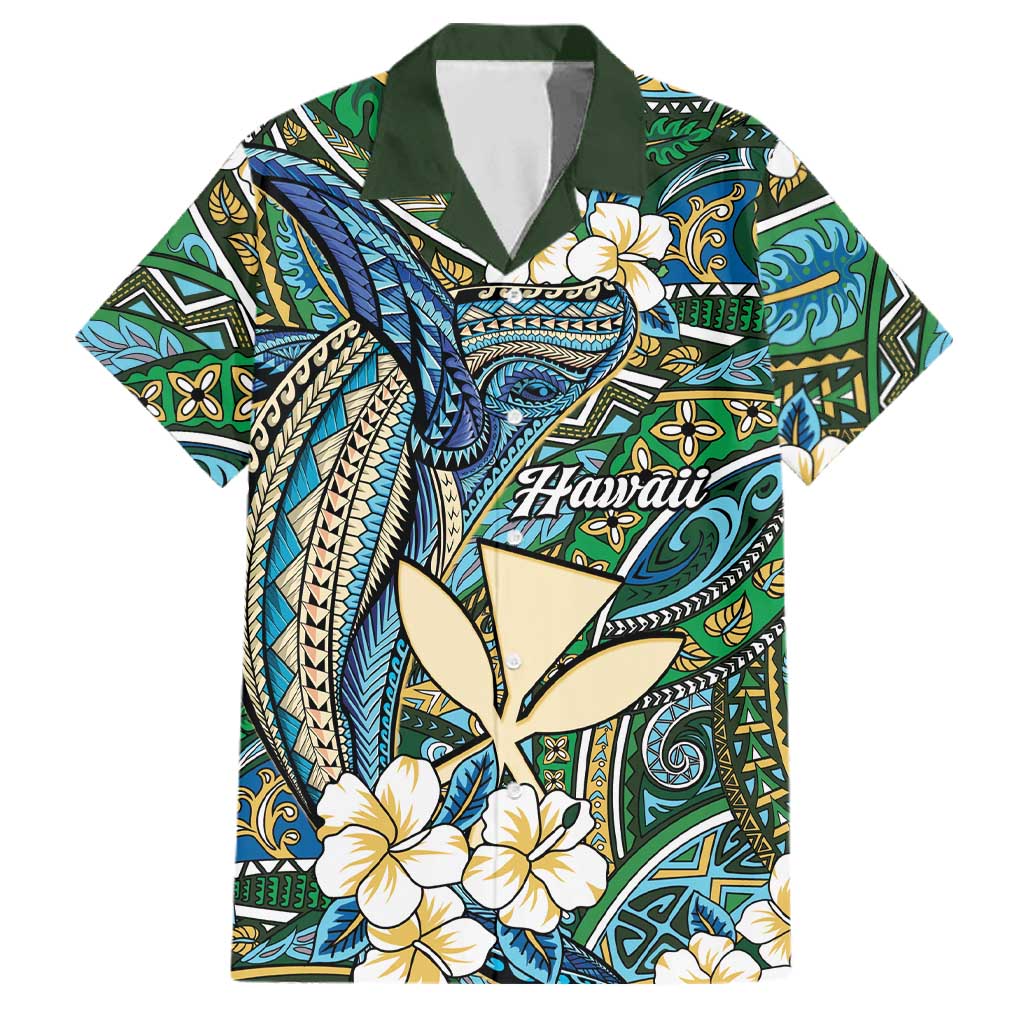Personalised Hawaii Tribal Humpback Whale Family Matching Summer Maxi Dress and Hawaiian Shirt Omaomao Hibiscus Seamless Pattern LT9 Dad's Shirt - Short Sleeve Green - Polynesian Pride