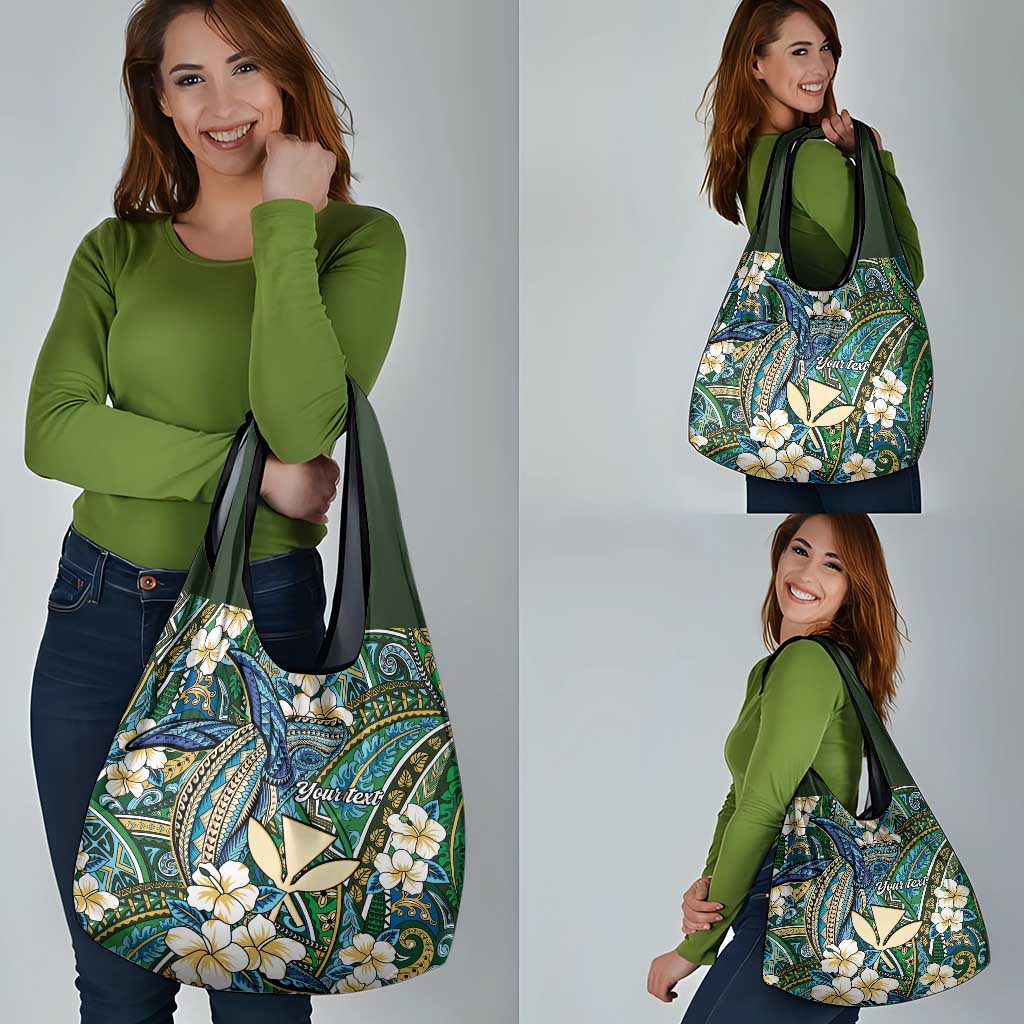 Personalised Hawaii Tribal Humpback Whale Grocery Bag Omaomao Hibiscus Seamless Pattern