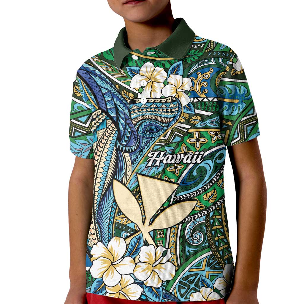 Personalised Hawaii Tribal Humpback Whale Kid Polo Shirt Omaomao Hibiscus Seamless Pattern