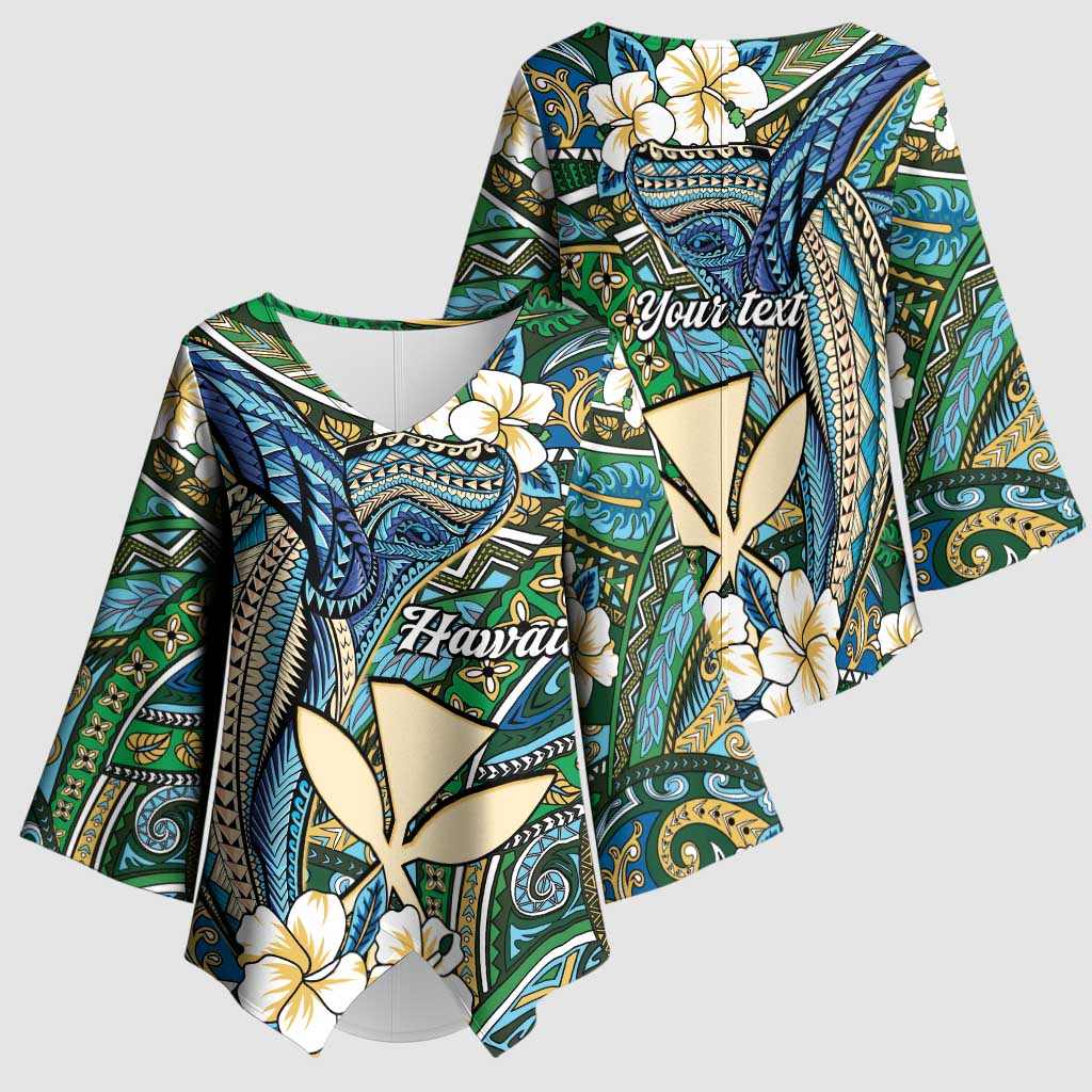 Personalised Hawaii Tribal Humpback Whale Kimono Sleeve Blouse Omaomao Hibiscus Seamless Pattern