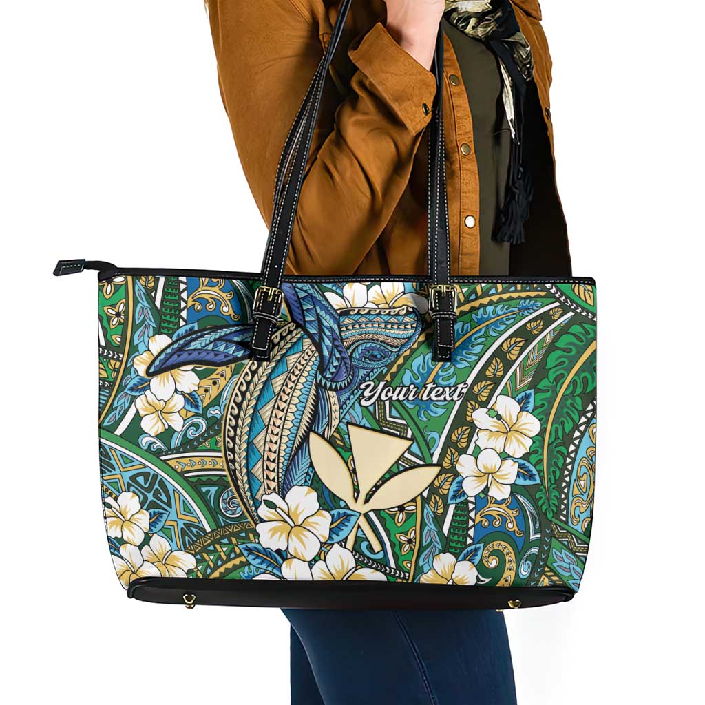 Personalised Hawaii Tribal Humpback Whale Leather Tote Bag Omaomao Hibiscus Seamless Pattern