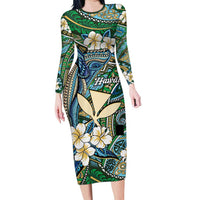 Personalised Hawaii Tribal Humpback Whale Long Sleeve Bodycon Dress Omaomao Hibiscus Seamless Pattern