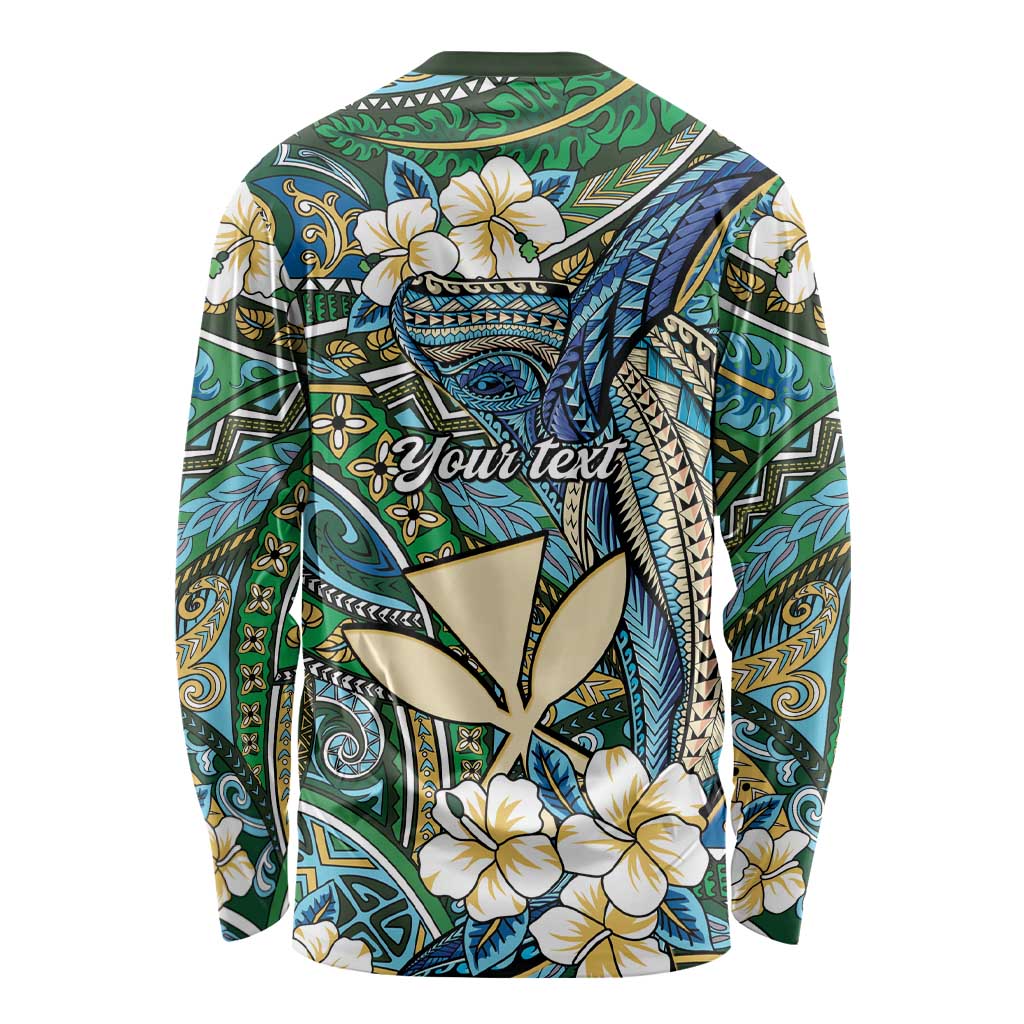 Personalised Hawaii Tribal Humpback Whale Long Sleeve Shirt Omaomao Hibiscus Seamless Pattern