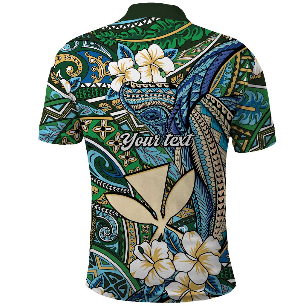 Personalised Hawaii Tribal Humpback Whale Polo Shirt Omaomao Hibiscus Seamless Pattern