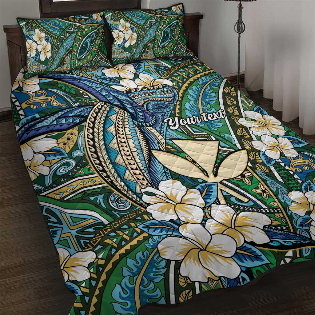 Personalised Hawaii Tribal Humpback Whale Quilt Bed Set Omaomao Hibiscus Seamless Pattern