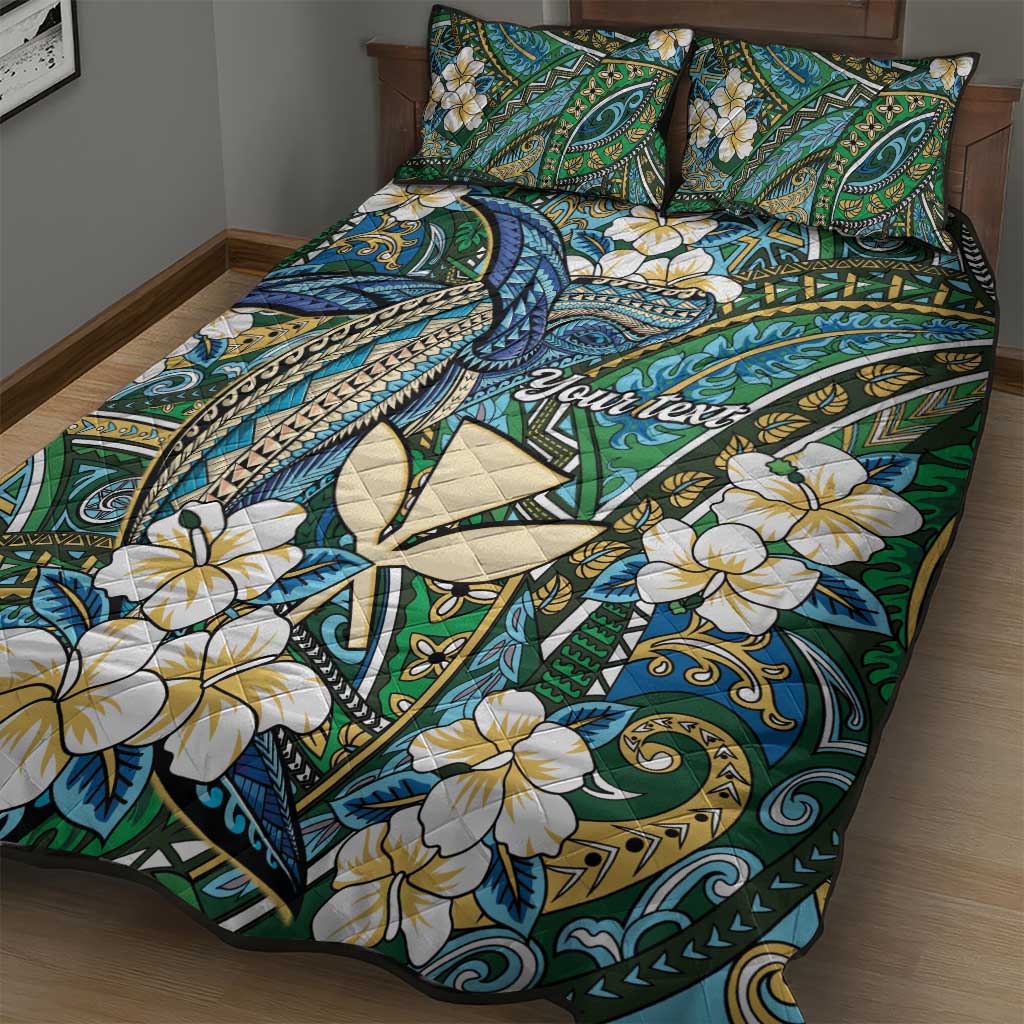 Personalised Hawaii Tribal Humpback Whale Quilt Bed Set Omaomao Hibiscus Seamless Pattern