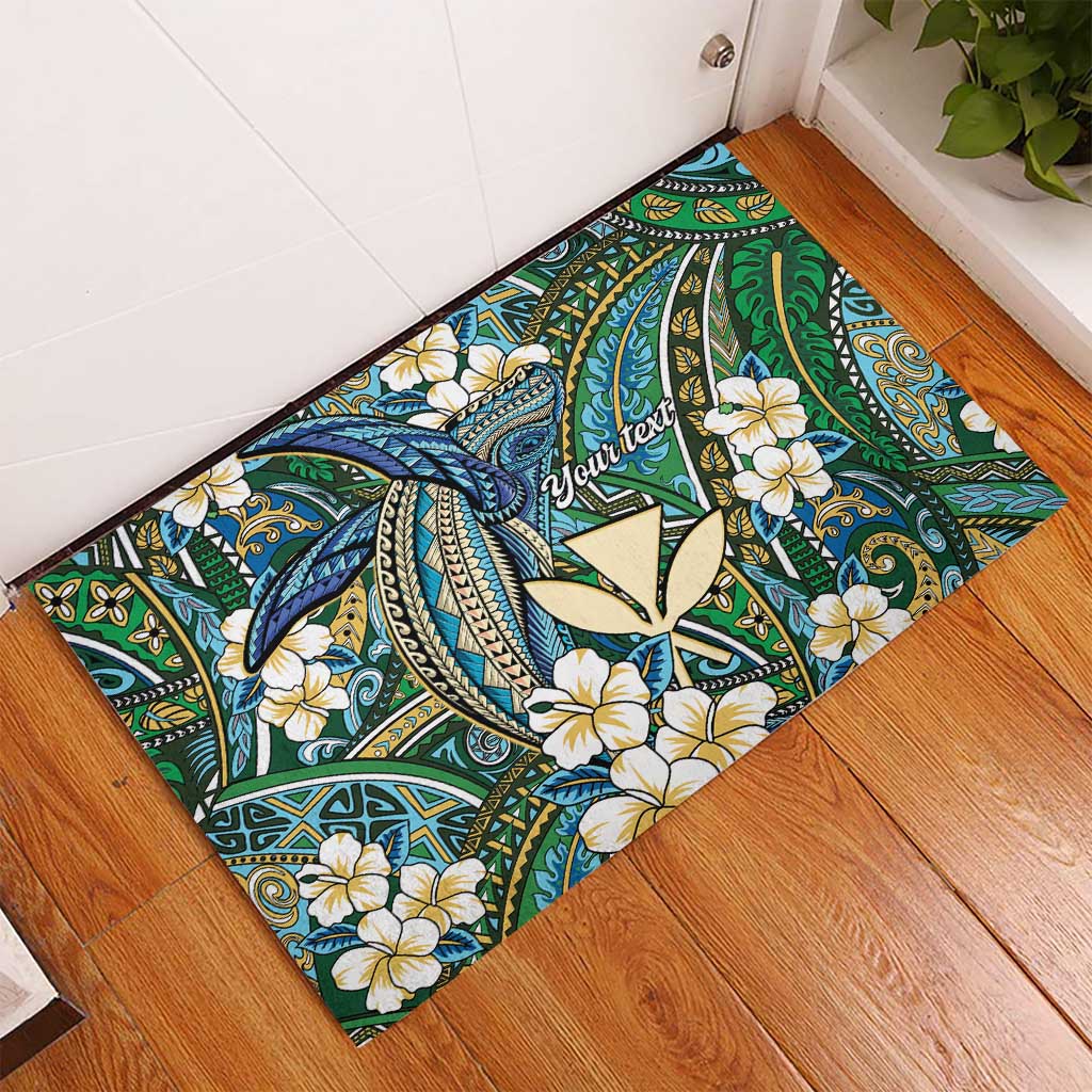 Personalised Hawaii Tribal Humpback Whale Rubber Doormat Omaomao Hibiscus Seamless Pattern
