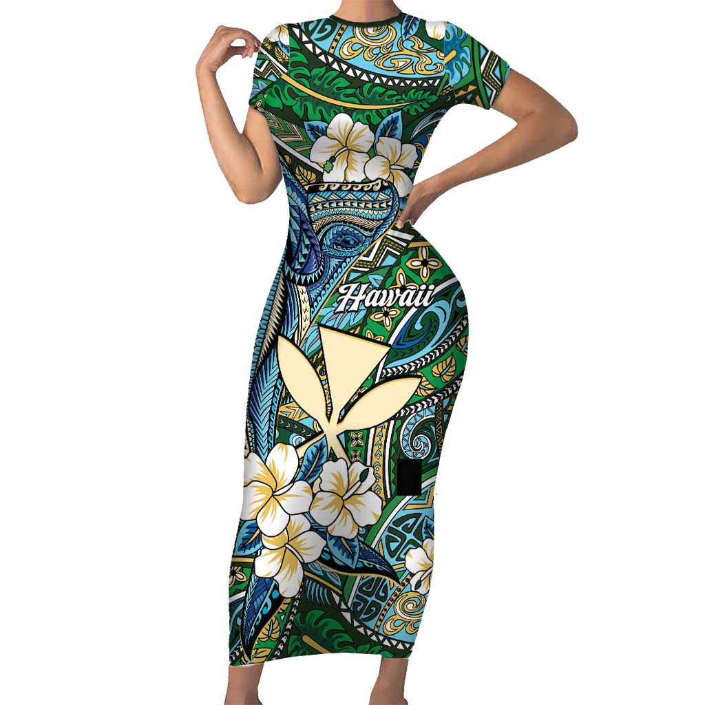 Personalised Hawaii Tribal Humpback Whale Short Sleeve Bodycon Dress Omaomao Hibiscus Seamless Pattern