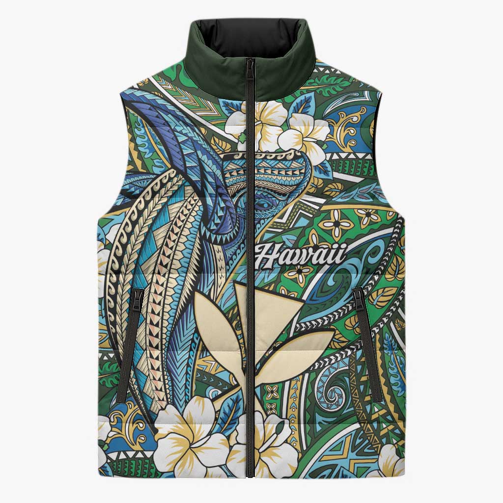 Personalised Hawaii Tribal Humpback Whale Sleeveless Puffer Jacket Omaomao Hibiscus Seamless Pattern