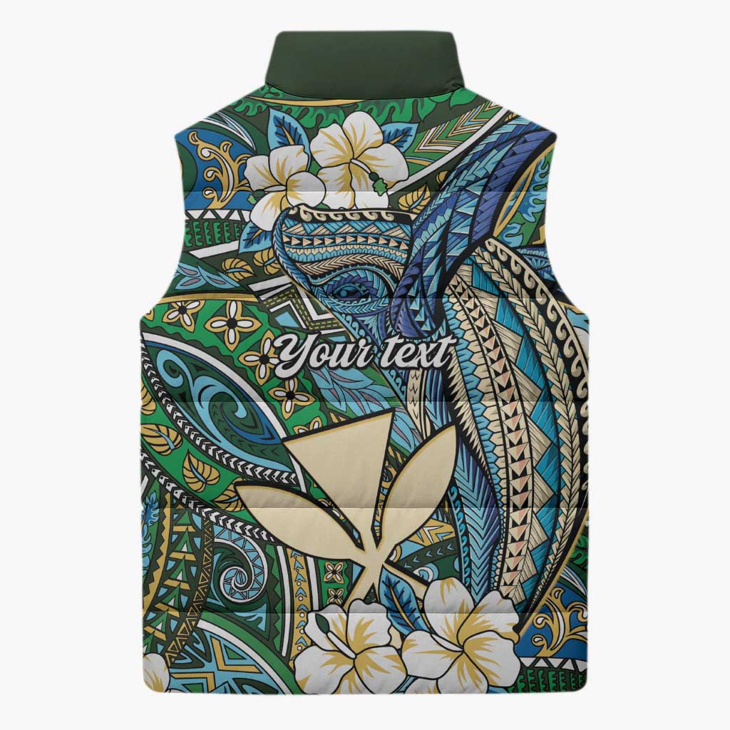 Personalised Hawaii Tribal Humpback Whale Sleeveless Puffer Jacket Omaomao Hibiscus Seamless Pattern
