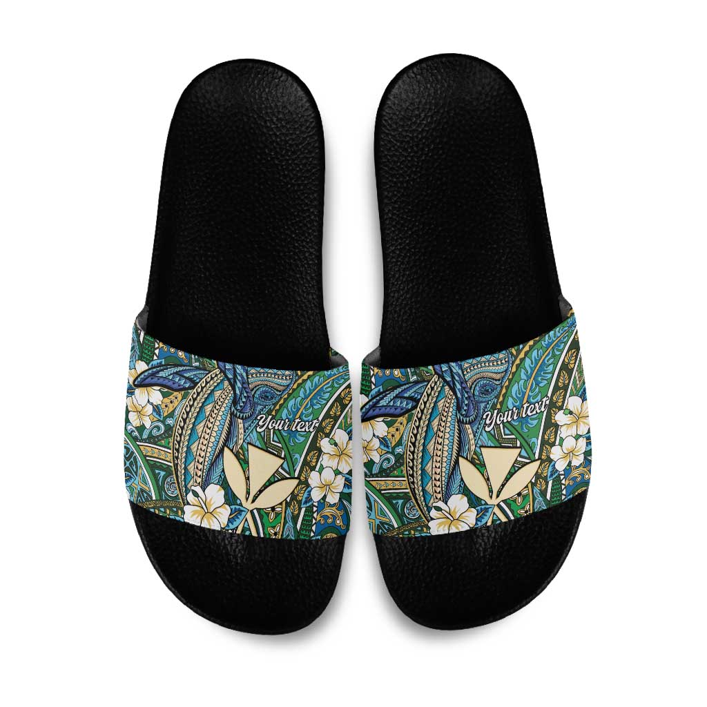 Personalised Hawaii Tribal Humpback Whale Slide Sandals Omaomao Hibiscus Seamless Pattern