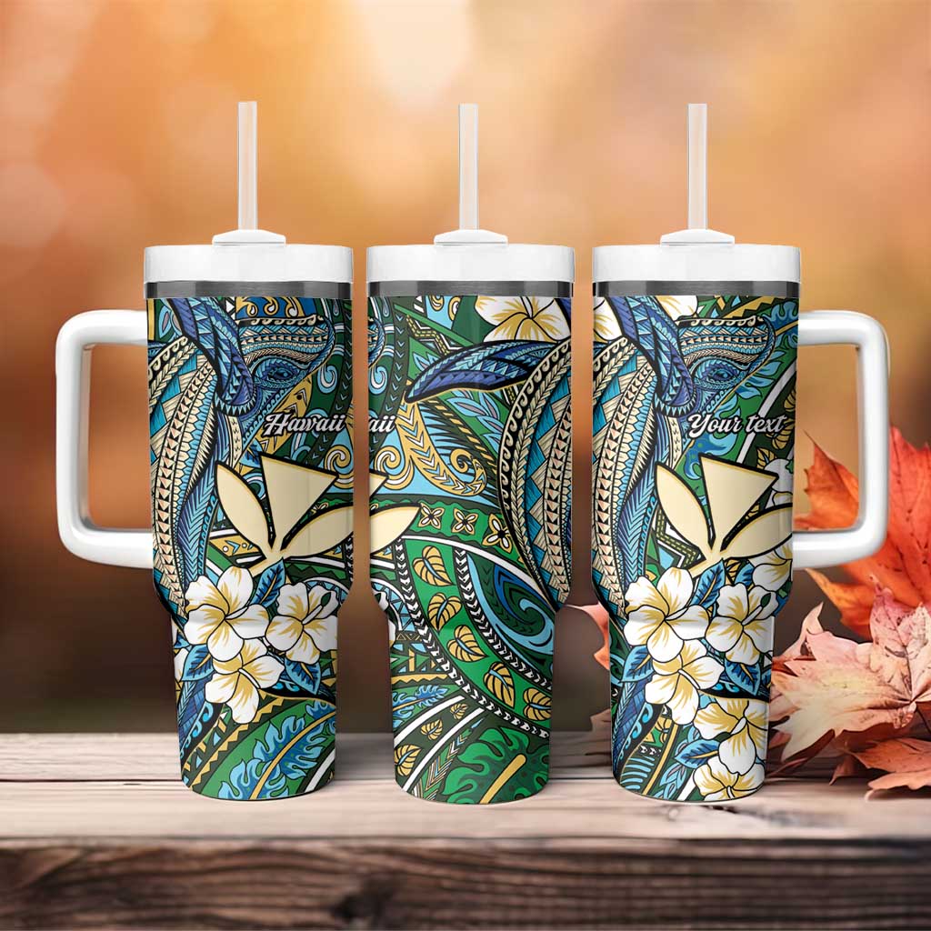 Personalised Hawaii Tribal Humpback Whale Tumbler With Handle Omaomao Hibiscus Seamless Pattern