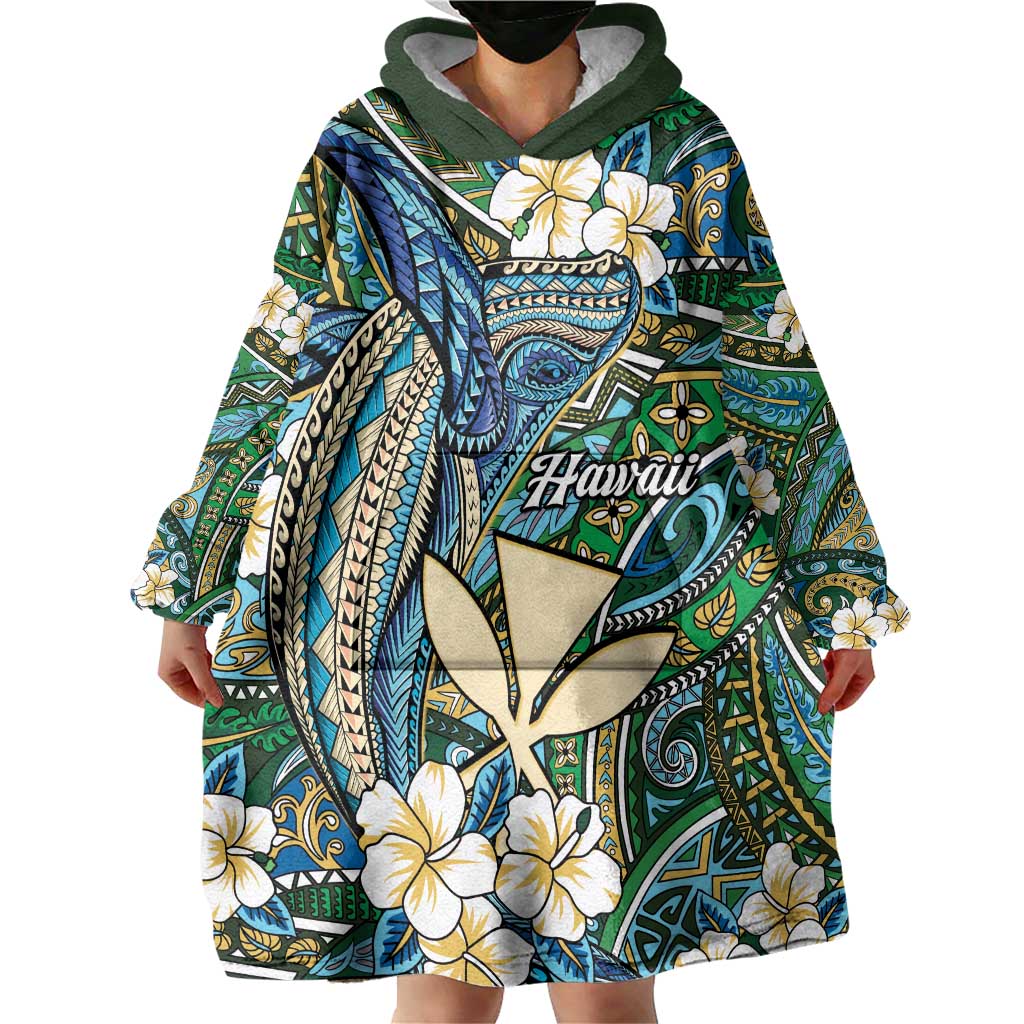 Personalised Hawaii Tribal Humpback Whale Wearable Blanket Hoodie Omaomao Hibiscus Seamless Pattern