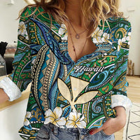 Personalised Hawaii Tribal Humpback Whale Women Casual Shirt Omaomao Hibiscus Seamless Pattern