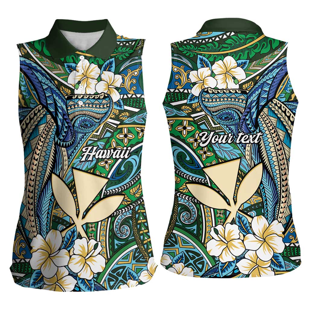 Personalised Hawaii Tribal Humpback Whale Women Sleeveless Polo Shirt Omaomao Hibiscus Seamless Pattern