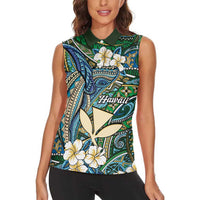 Personalised Hawaii Tribal Humpback Whale Women Sleeveless Polo Shirt Omaomao Hibiscus Seamless Pattern
