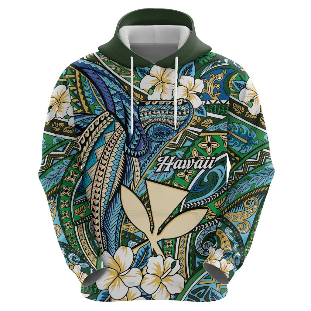Personalised Hawaii Tribal Humpback Whale Zip Hoodie Omaomao Hibiscus Seamless Pattern