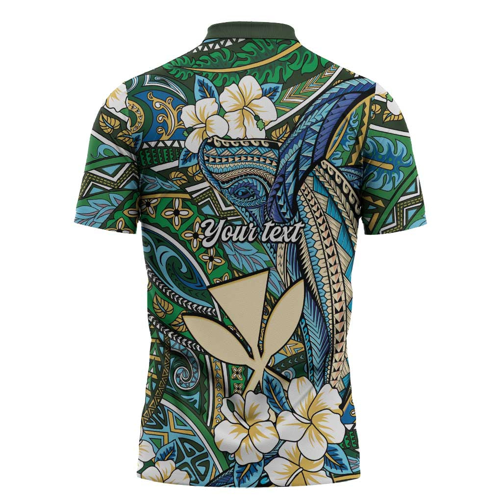 Personalised Hawaii Tribal Humpback Whale Zipper Polo Shirt Omaomao Hibiscus Seamless Pattern