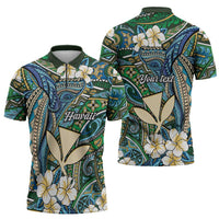 Personalised Hawaii Tribal Humpback Whale Zipper Polo Shirt Omaomao Hibiscus Seamless Pattern