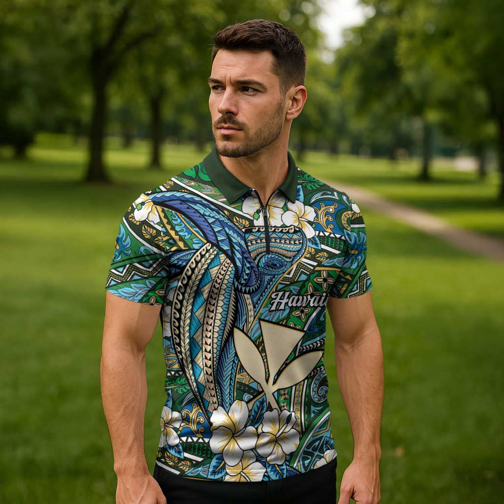 Personalised Hawaii Tribal Humpback Whale Zipper Polo Shirt Omaomao Hibiscus Seamless Pattern