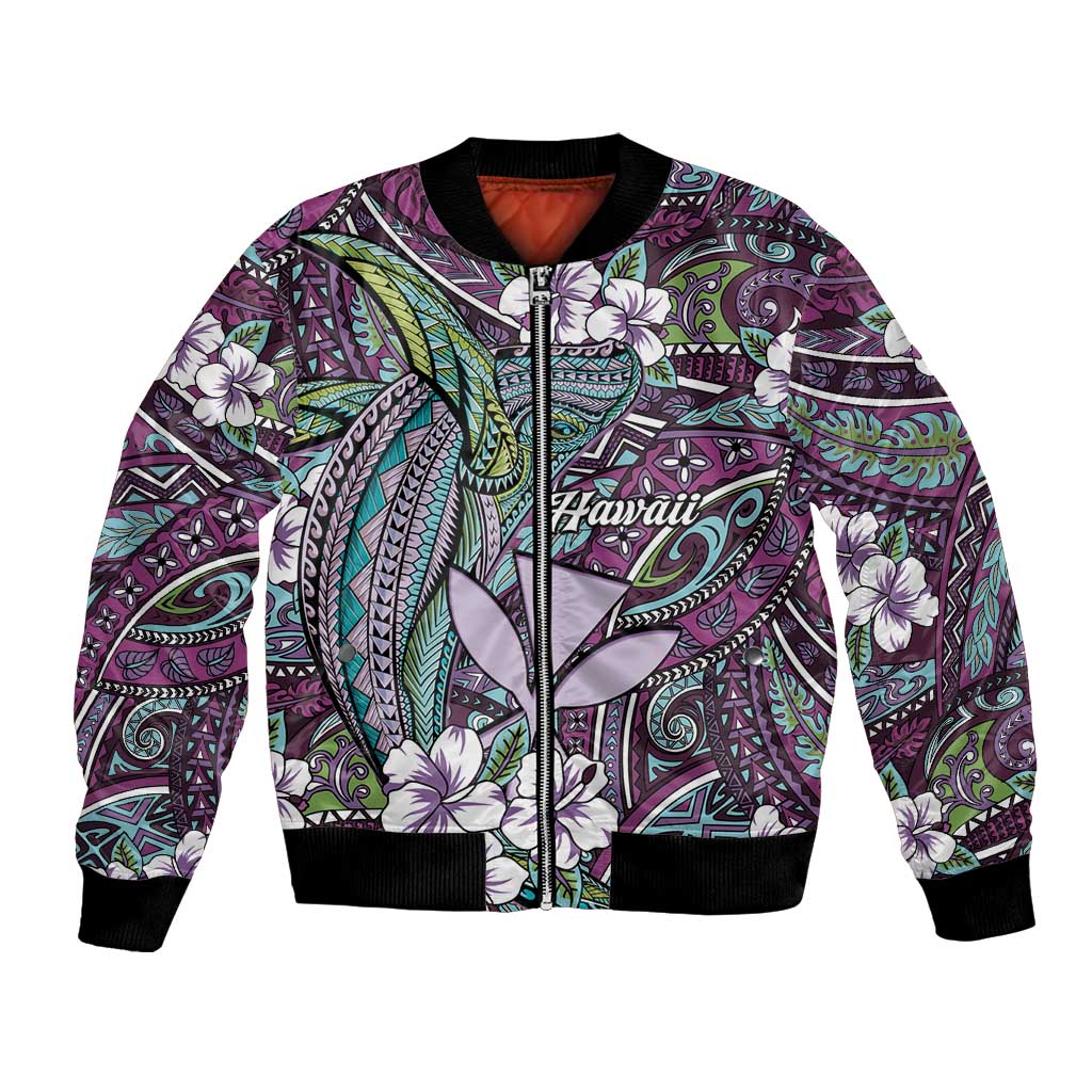 Personalised Hawaii Tribal Humpback Whale Bomber Jacket Poni Hibiscus Seamless Pattern