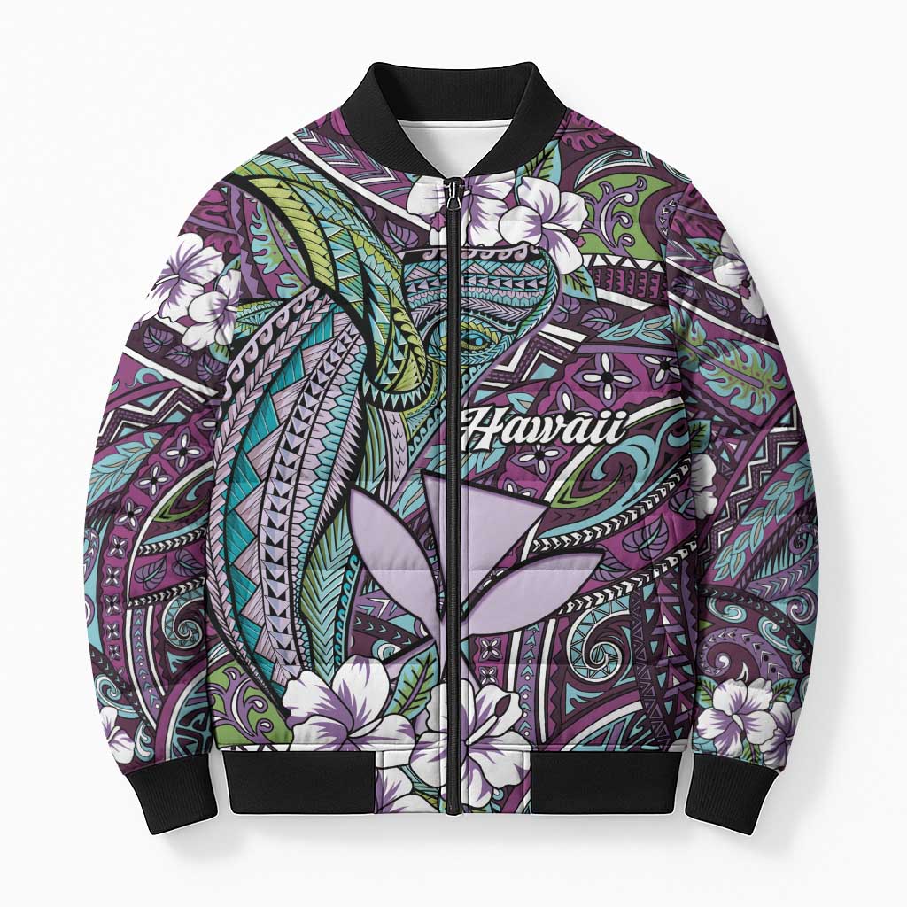 Personalised Hawaii Tribal Humpback Whale Bomber Puffer Jacket Poni Hibiscus Seamless Pattern
