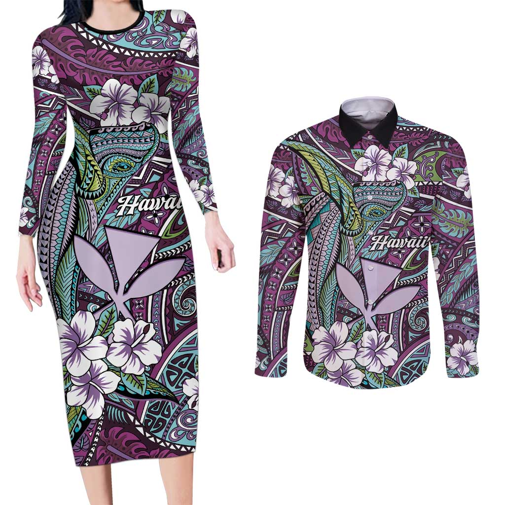 Personalised Hawaii Tribal Humpback Whale Couples Matching Long Sleeve Bodycon Dress and Long Sleeve Button Shirt Poni Hibiscus Seamless Pattern