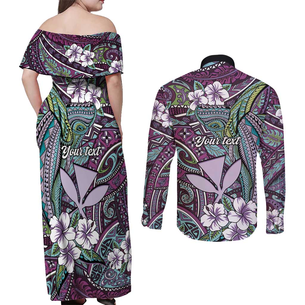 Personalised Hawaii Tribal Humpback Whale Couples Matching Off Shoulder Maxi Dress and Long Sleeve Button Shirt Poni Hibiscus Seamless Pattern